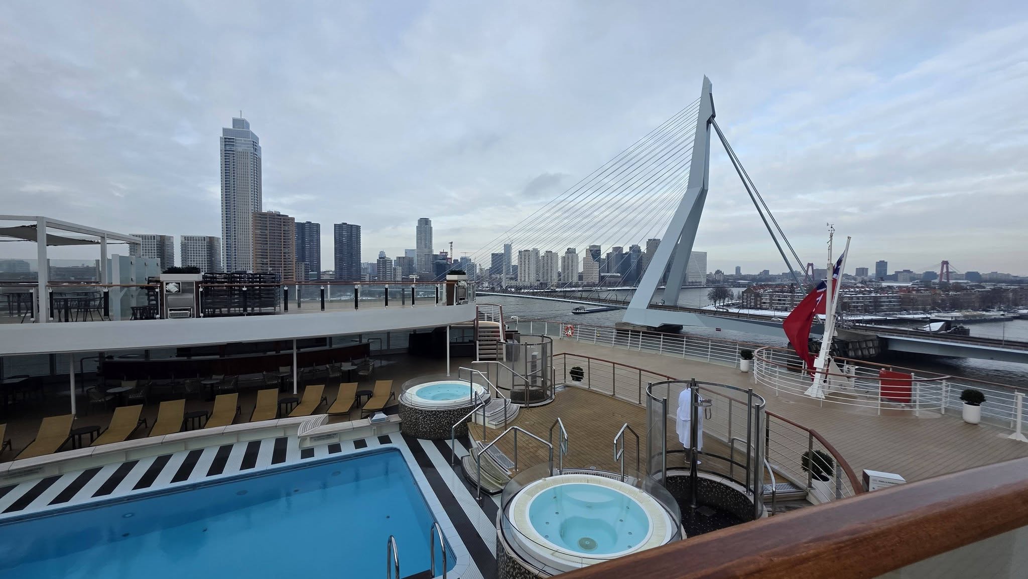 The open pool deck aboard Cunard Queen Anne in Rotterdam